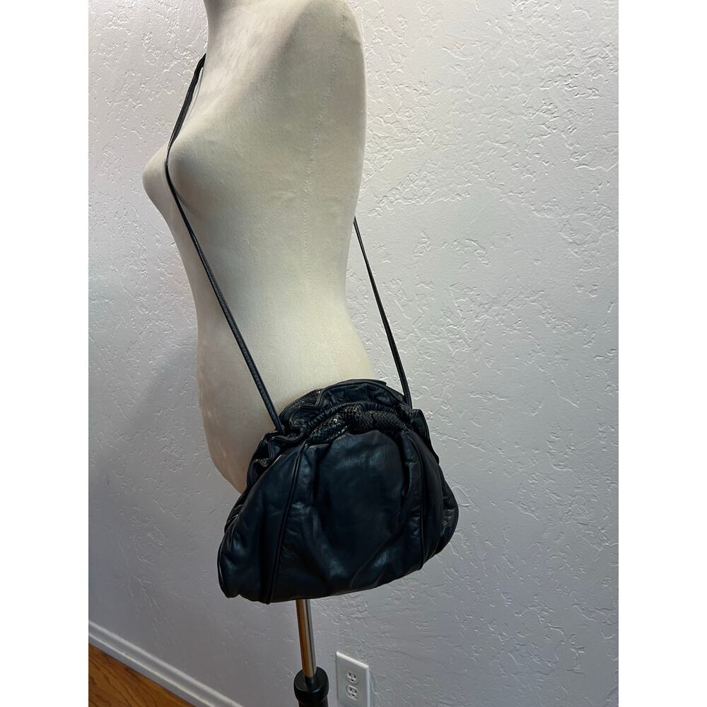 Via Spiga Black Leather Drawstring Shoulder Bag with Snakeskin Accent